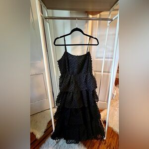 Lulu’s Flirting with You Black Tiered Pom Pom Midi Dress